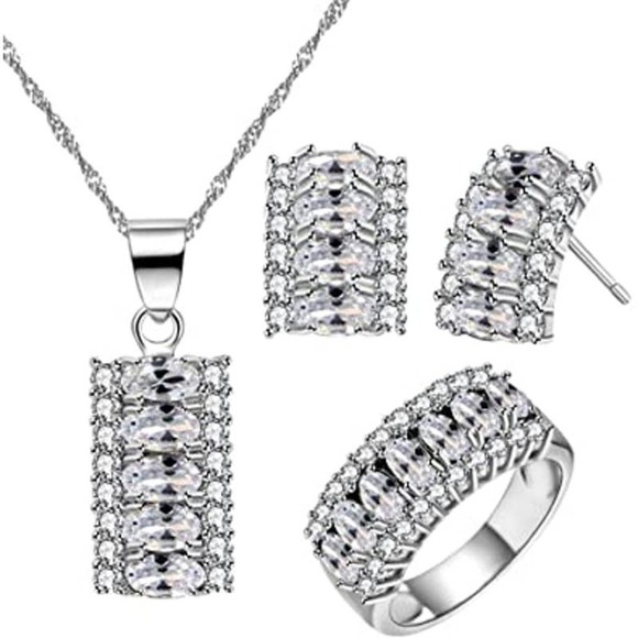 Crystal Necklace Earring Ring Set CZ Cubic Zircon Rhinestone Necklace Earrings - Picture 2 of 8